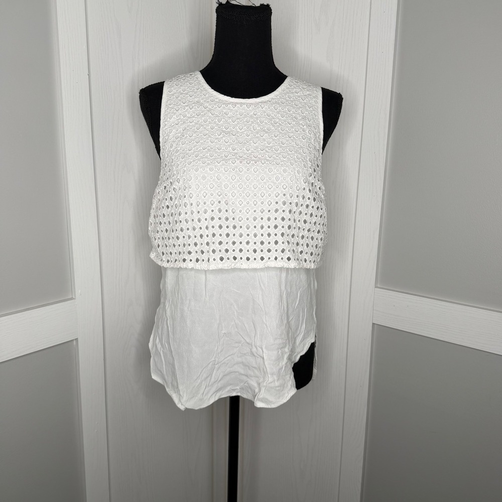 Michael Kors Sleeveless Top Women Medium White Eyelet Lace Layered High-Low